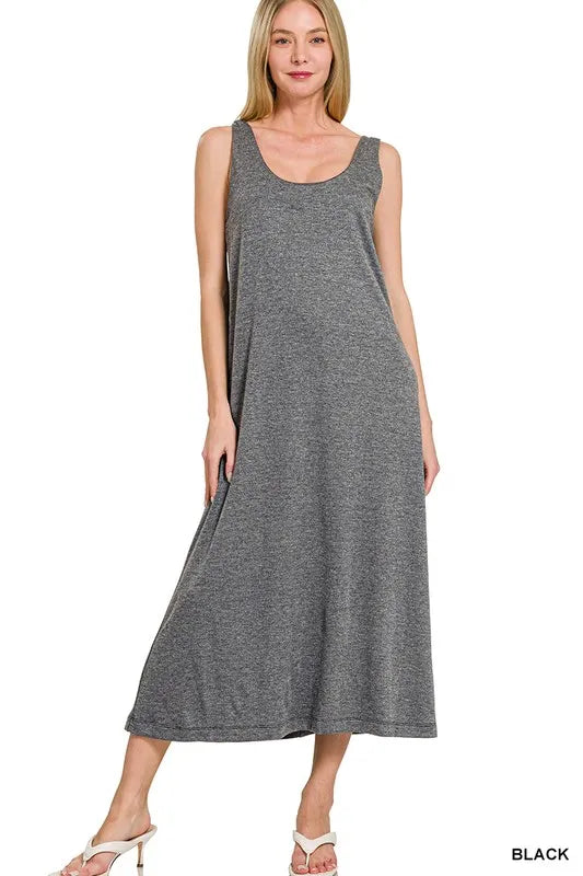 Zenana French Terry Twisted Strap Midi Dress showing soft fabric, twisted straps, and a relaxed fit in a stylish design.