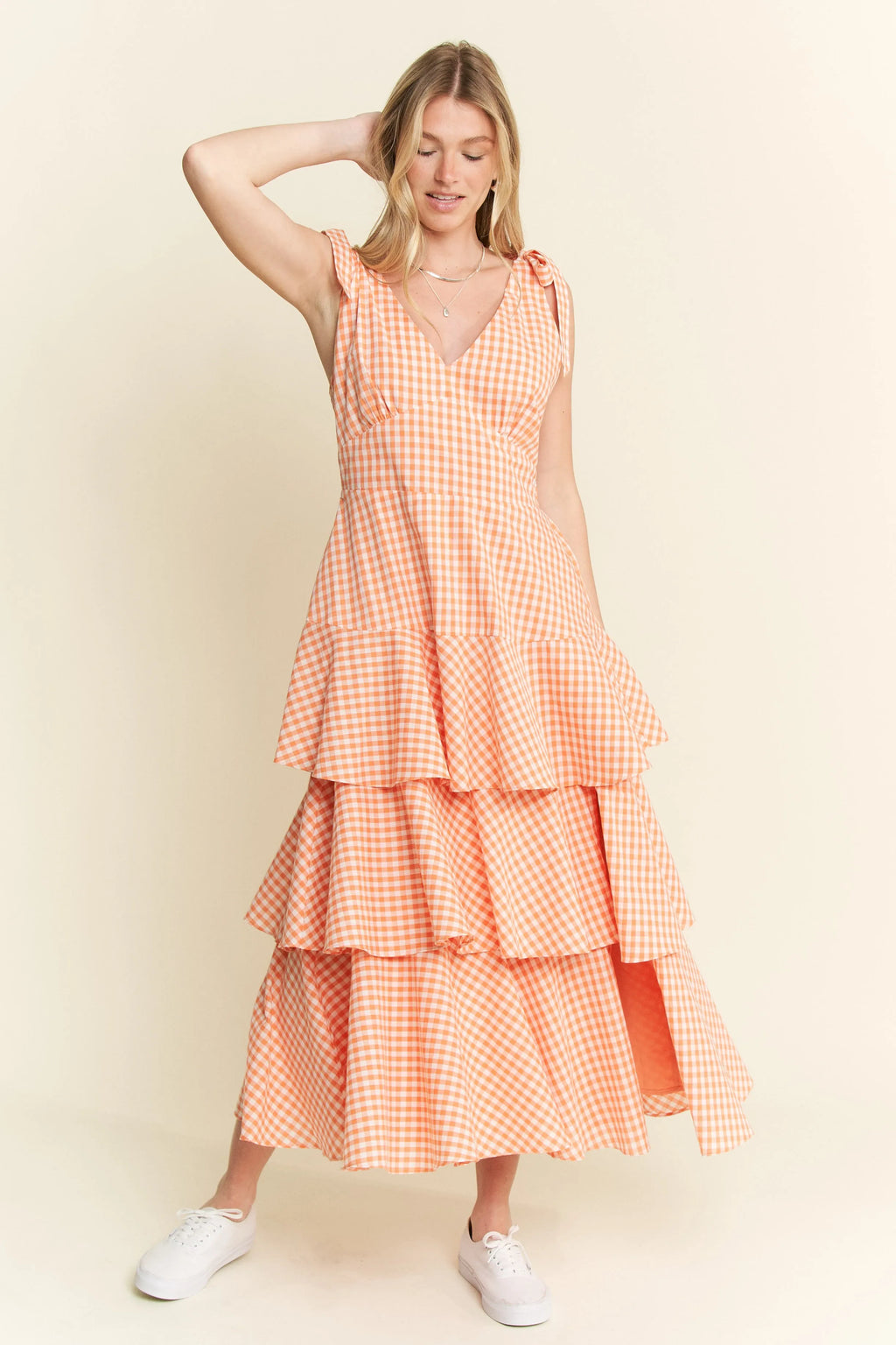 Jade by Jane sleeveless gingham print tiered midi dress in blue and white, perfect for summer or casual outings.