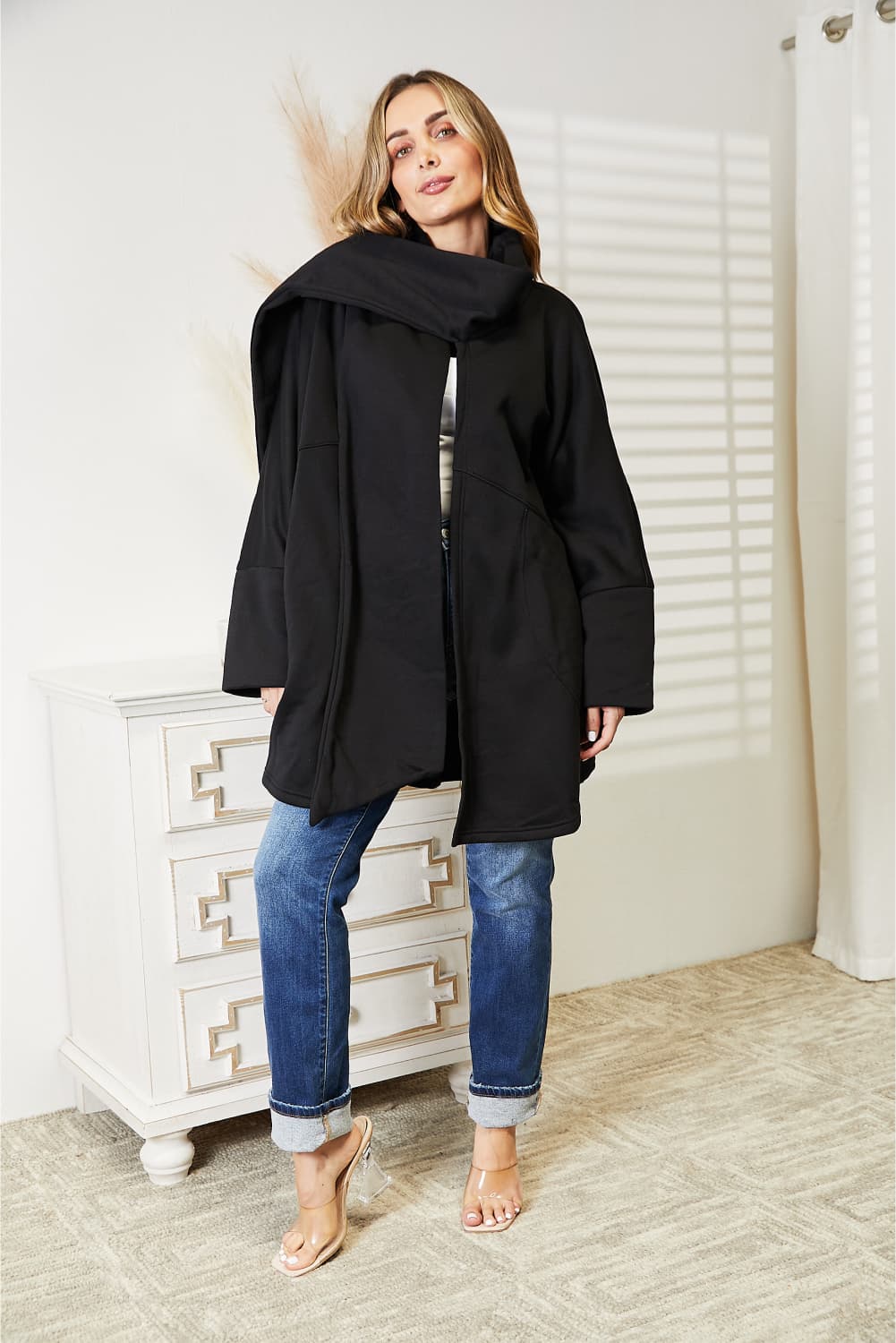 HEYSON full size open front cardigan with scarf design, featuring a cozy knit texture and relaxed fit, worn styled with casual outfit.