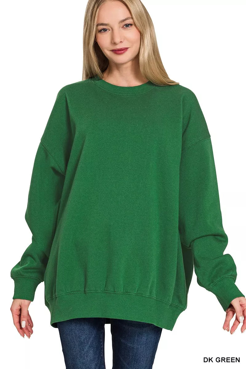 Gray Zenana oversized round neck fleece tunic sweatshirt with long sleeves and relaxed fit, casual and cozy for everyday wear.