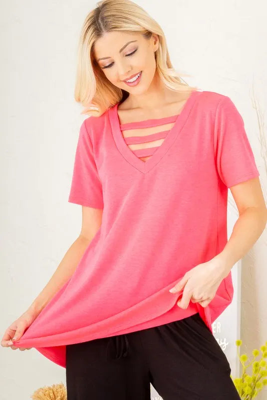 Plus size Heimish V-neck short sleeve T-shirt with bar detail, stylish and comfortable for casual wear