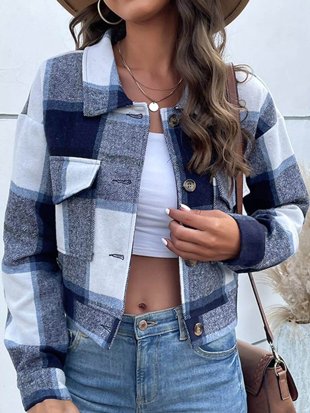 Plaid button-up cropped jacket, view 5