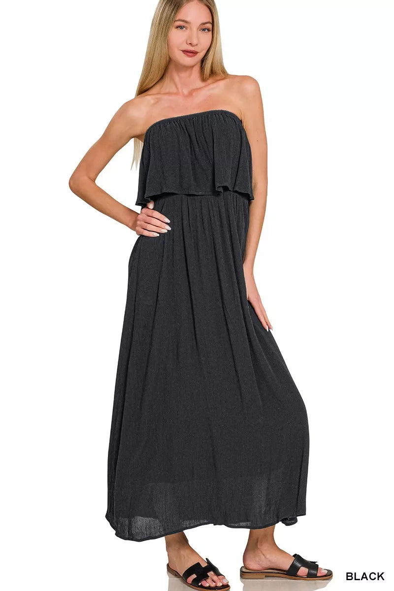 Woven crinkle strapless maxi dress by Trendsi featuring a flowing silhouette and textured fabric, perfect for summer wear.