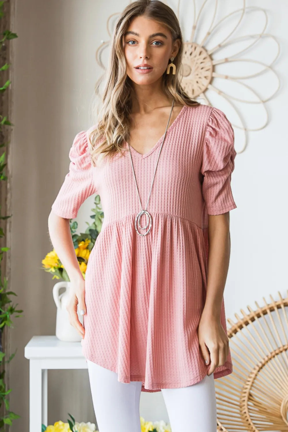 Heimish full size waffle knit V-neck babydoll top in soft fabric, shown in a flattering V-neck style with long sleeves.
