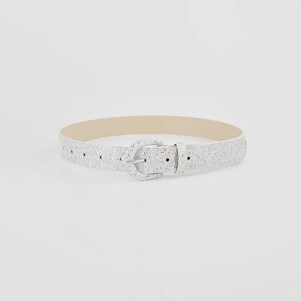 Shiny sequin PU leather belt with metallic buckle, trendy accessory from Trendsi, on a neutral background.
