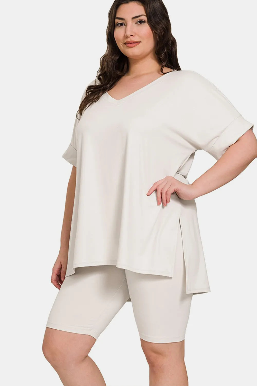 Zenana Trendsi full size V-neck short sleeve t-shirt and slit shorts set, casual loungewear with comfortable fit and stylish design.