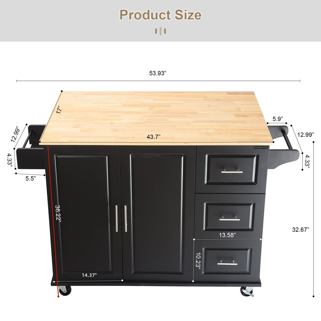 Black Rolling Kitchen Island with Extendable Rubber-Wood Top