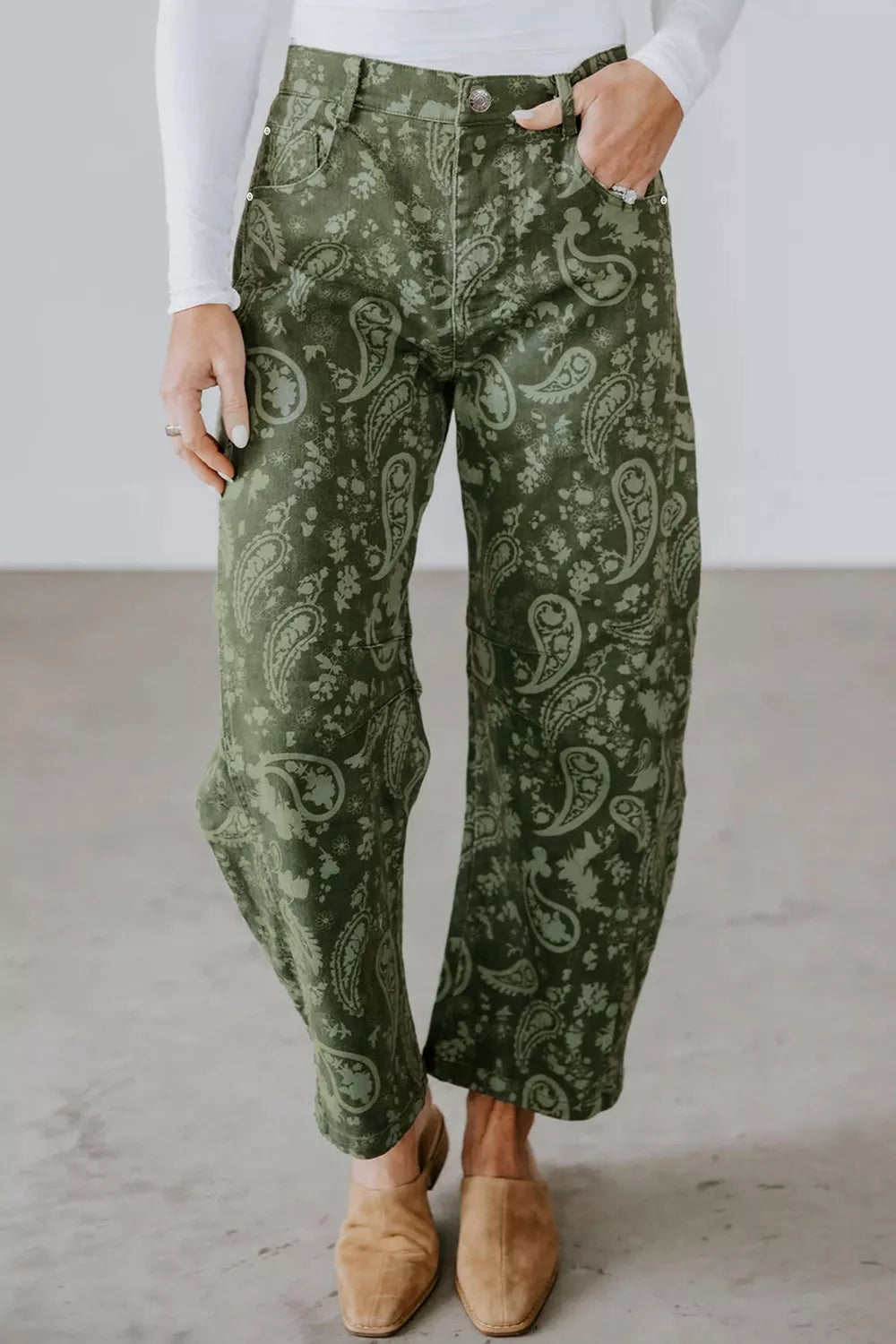 Paisley print harem denim pants by Trendsi featuring relaxed fit and stylish design, shown in a denim fabric with paisley pattern.