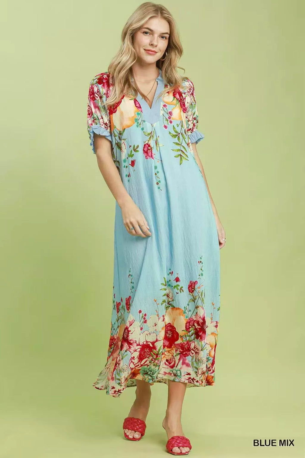 Umgee Mix Floral Border Print Midi Dress from Trendsi, featuring a vibrant floral pattern and midi length, perfect for casual wear.
