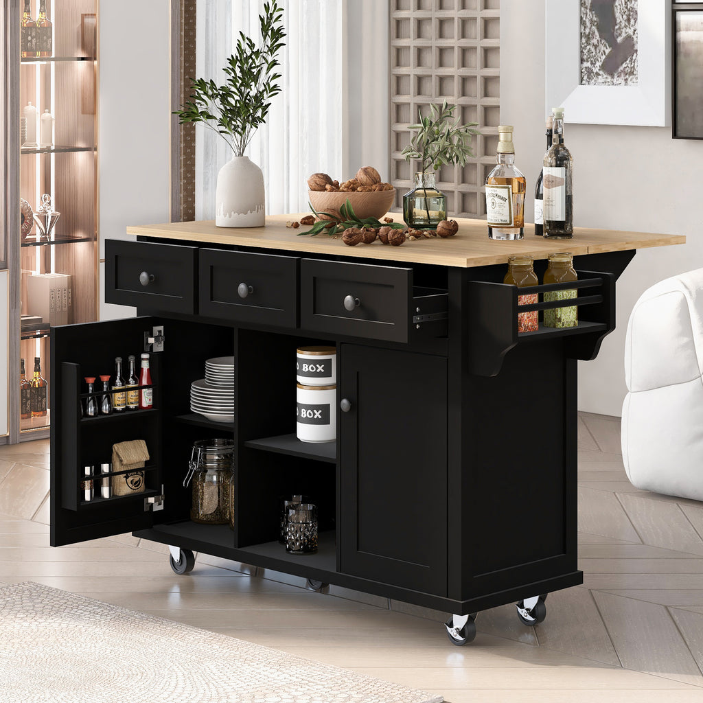 Black Rolling Kitchen Island with Drop-Leaf Top & Storage