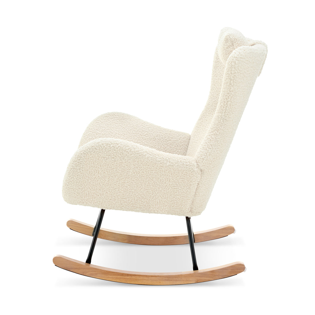 Beige Upholstered Rocking Chair with Adjustable Headrest & Side Pocket
