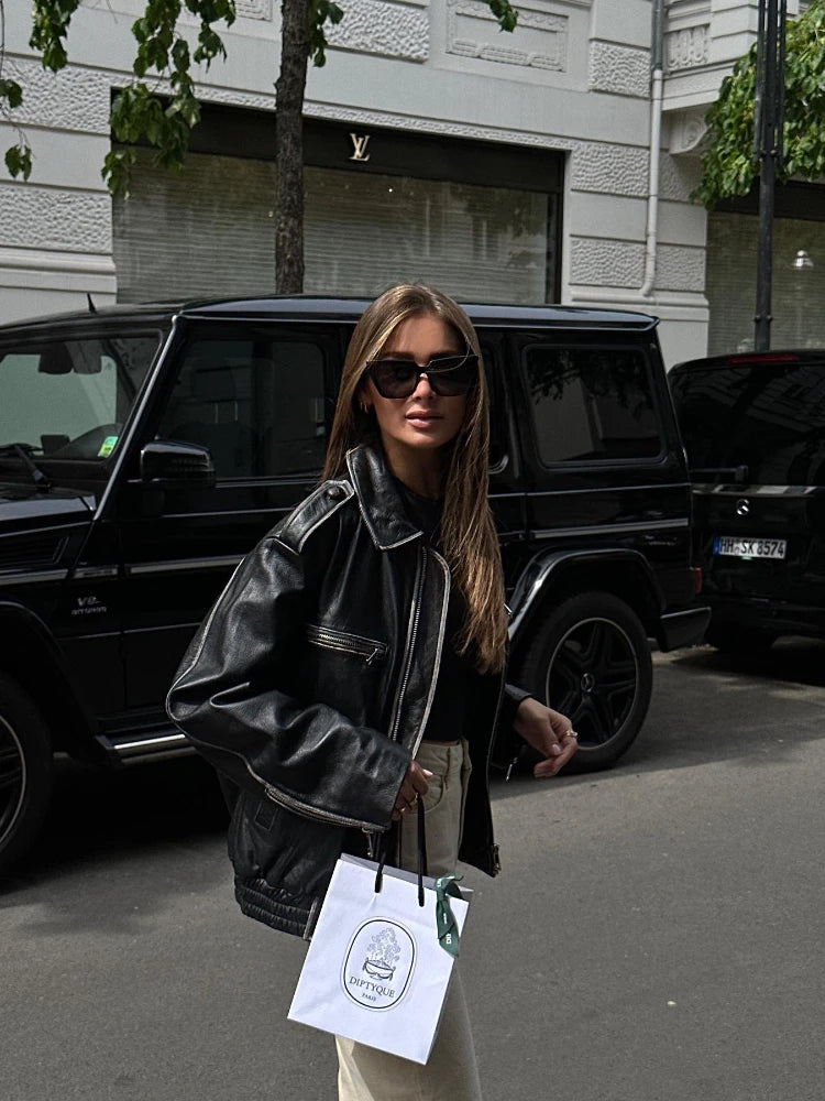 Women's black faux leather bomber jacket