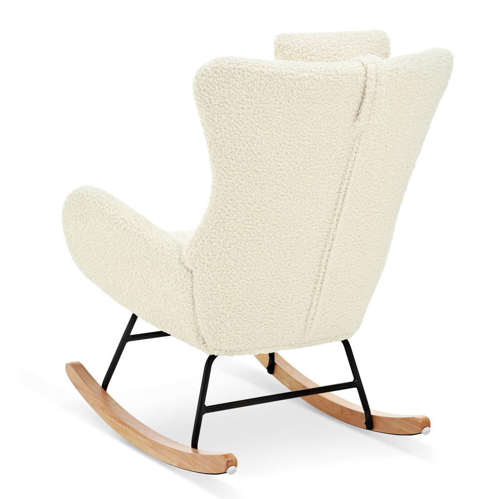 Beige Upholstered Rocking Chair with Adjustable Headrest & Side Pocket