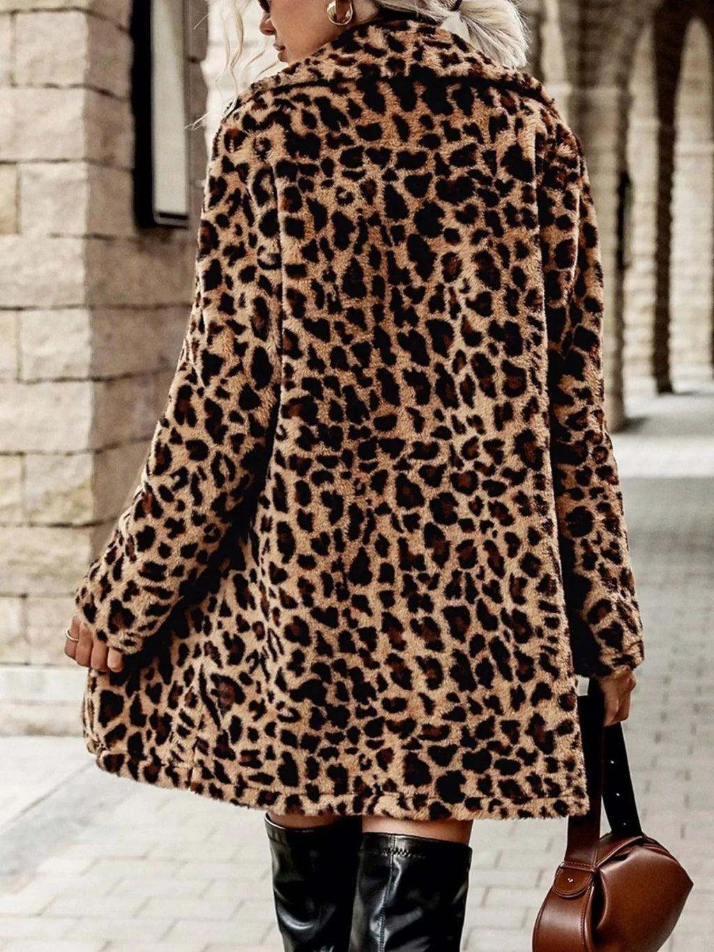 Gold leopard print faux fur longline coat, view 4