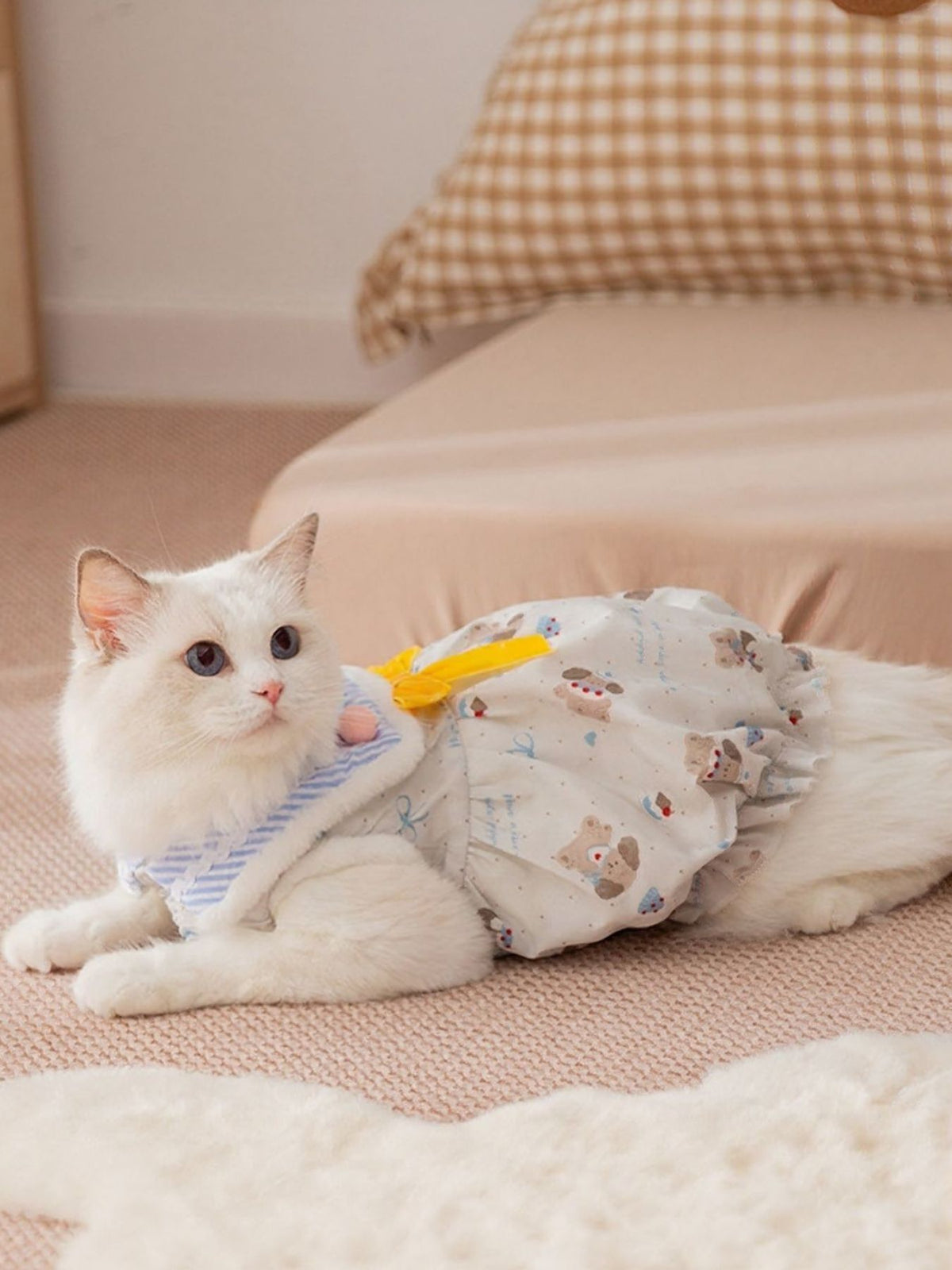 Trendsi Bow Button Down Pet Dress featuring a stylish bow detail, lightweight fabric, and adorable design for small dogs.