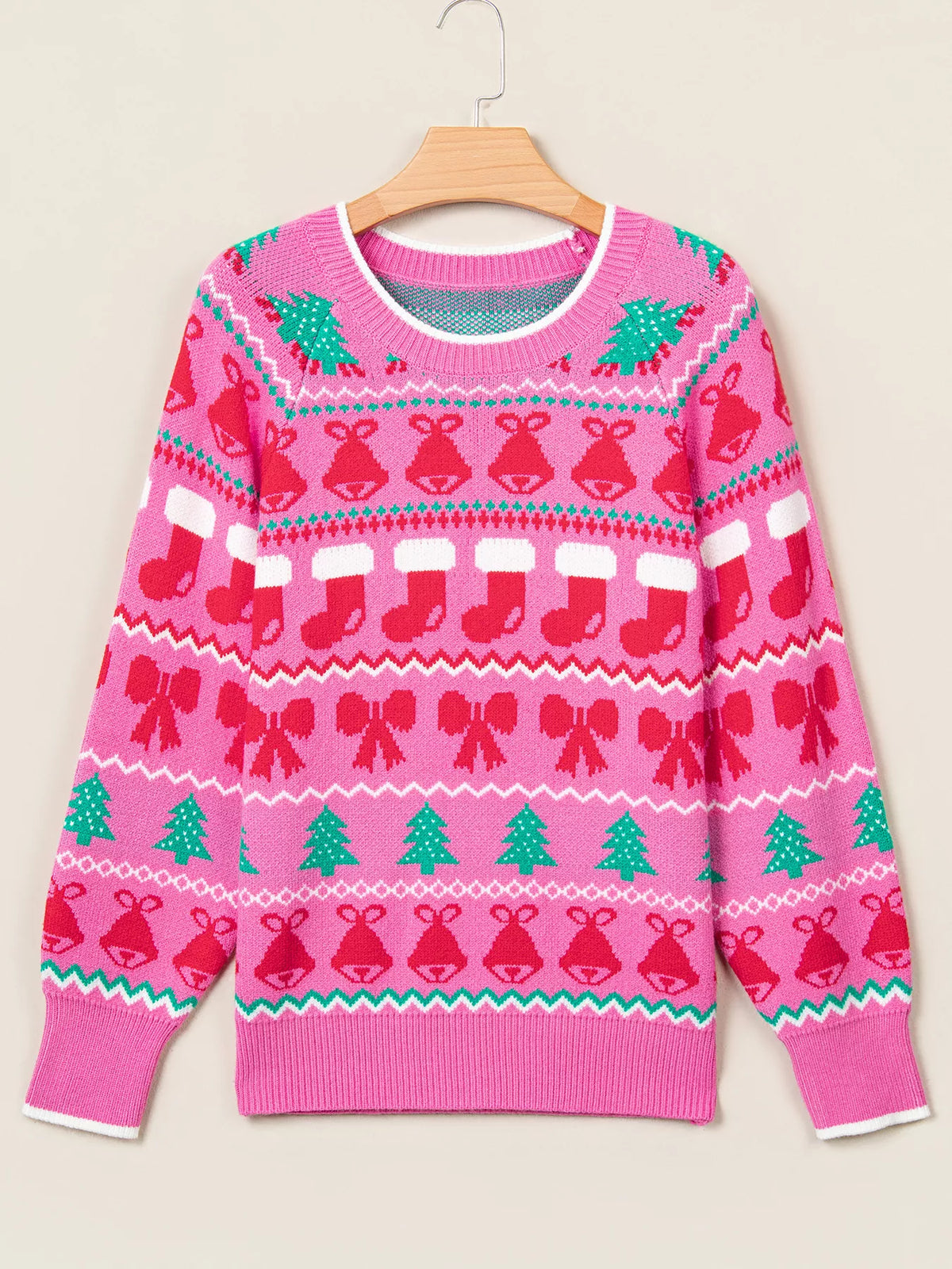 Fuchsia pink round neck Christmas graphic knit sweater, view 3
