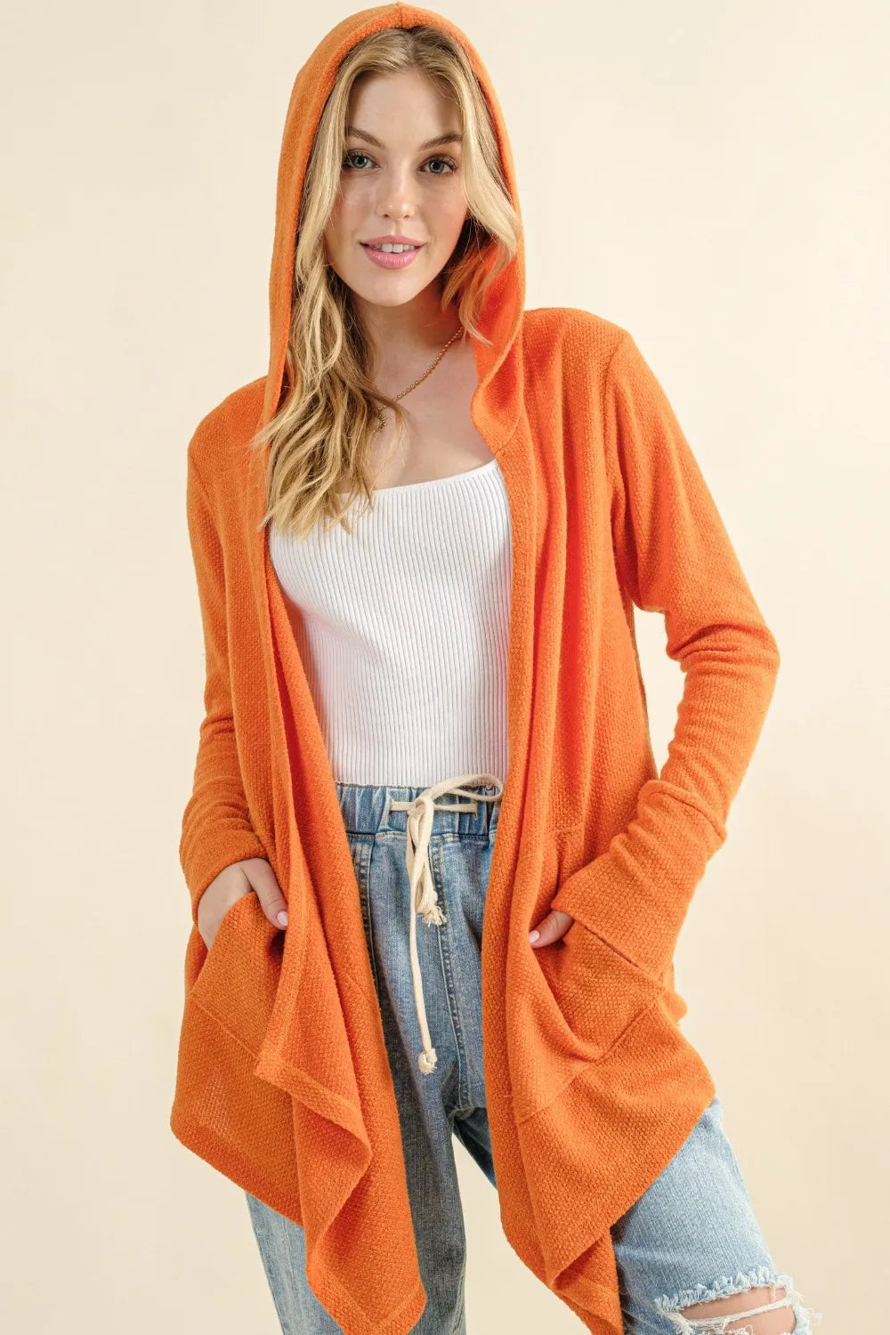 Dusty coral thermal hooded open-front cardigan with pockets