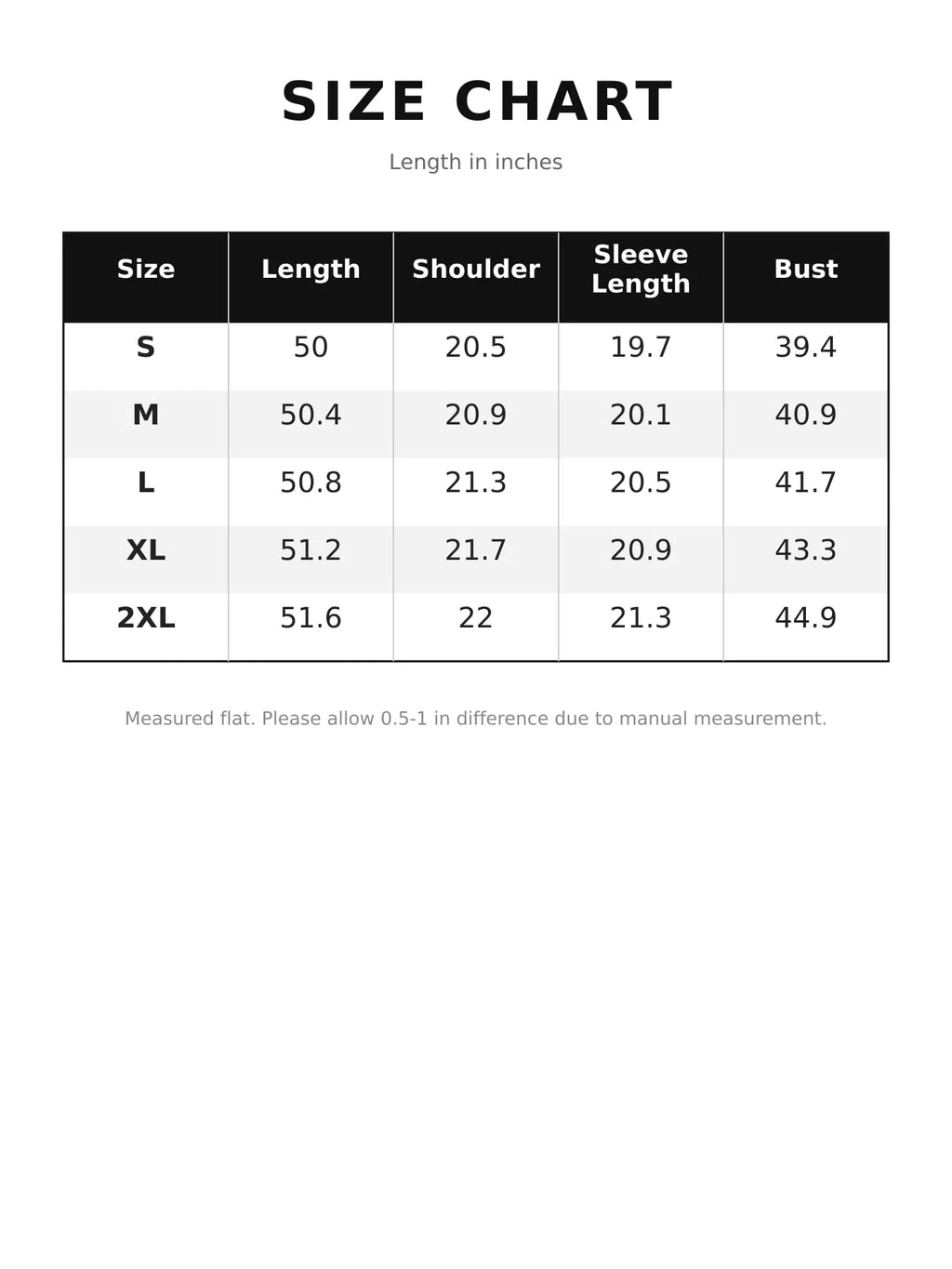 Size chart for cable knit longline open-front cardigan
