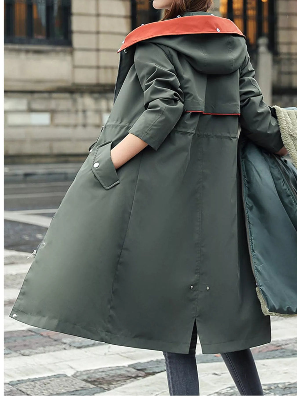 Longline hooded parka with faux fur trim and drawstring waist, view 23