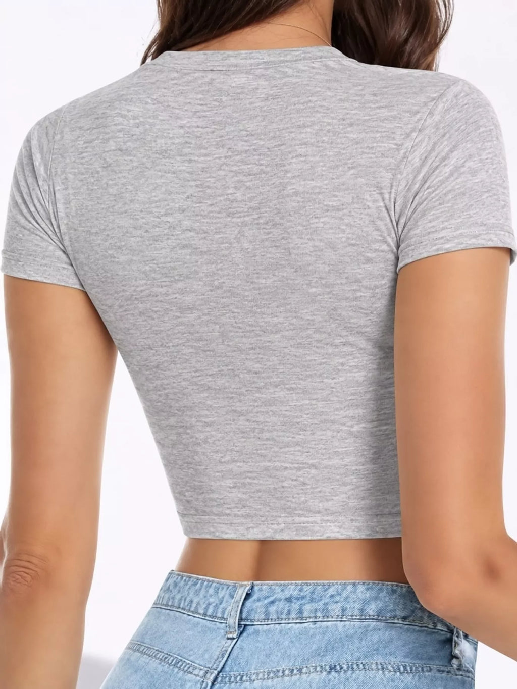Trendsi slim fit basic crew neck short sleeve crop T-shirt in neutral color, close-up of fabric and neckline detail