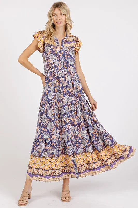 Floral ruffled notched cap sleeve maxi dress by Trendsi, featuring a flowy silhouette with ruffles and a notched neckline.