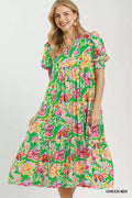 Umgee floral print puff sleeve tiered midi dress with feminine design and flowy fabric, shown on a model.