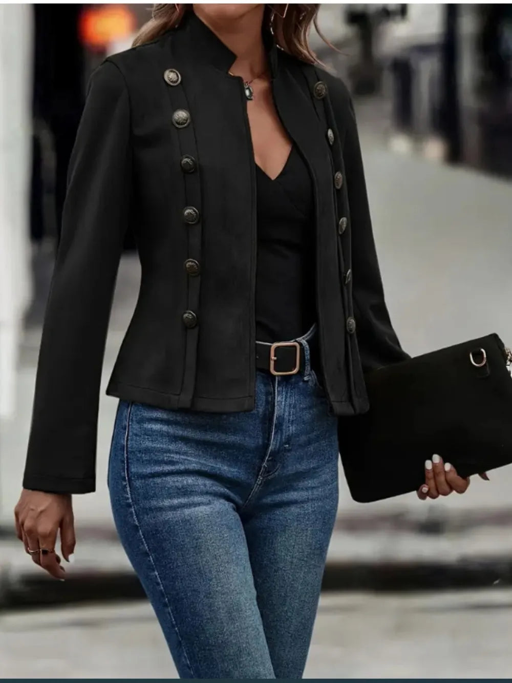Open-front long sleeve jacket with decorative buttons, view 7