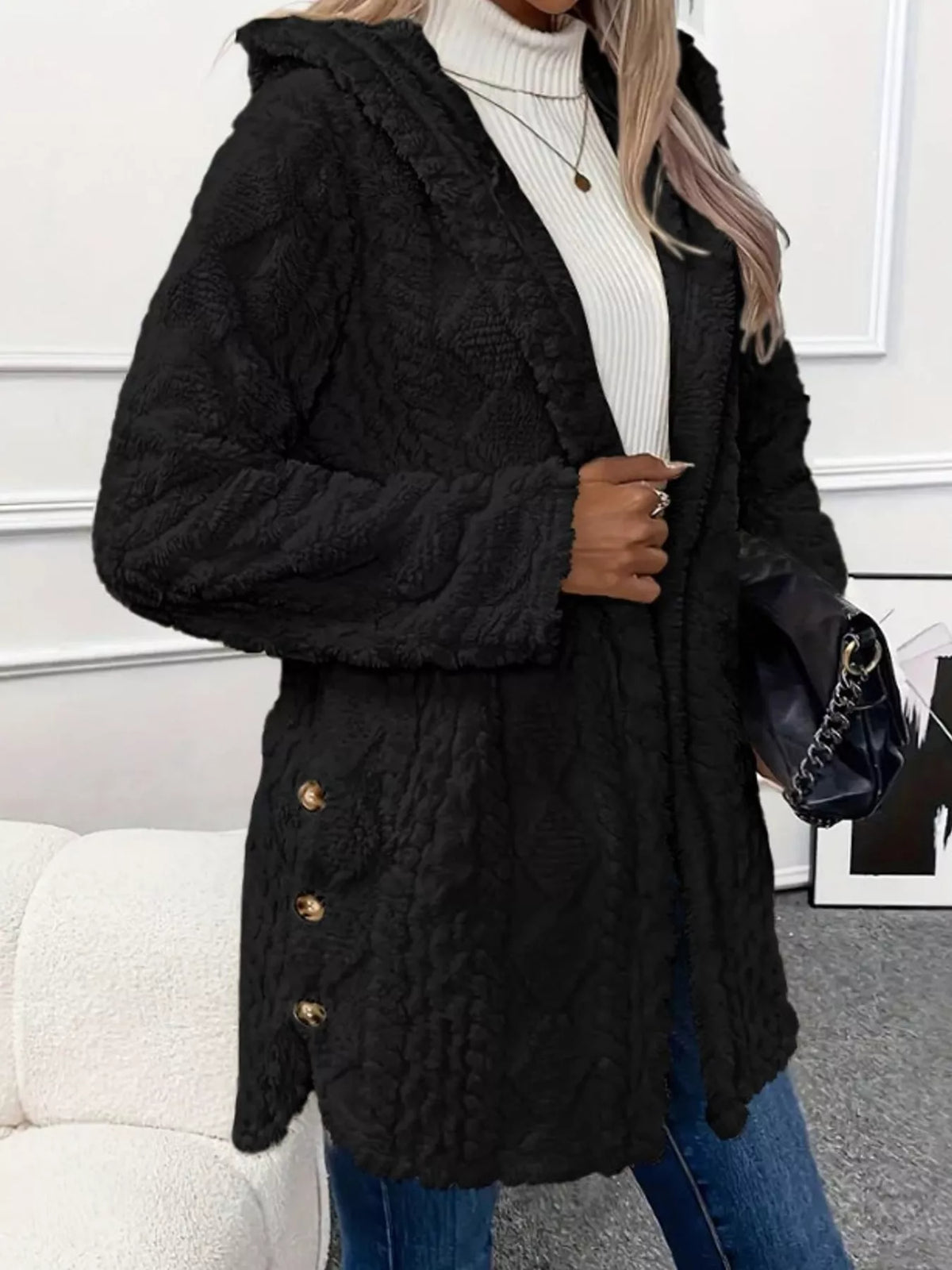 Plus size cozy cable-knit faux fur hooded outerwear by Trendsi, featuring a warm, full-size cable-knit design with a faux fur-lined hood.