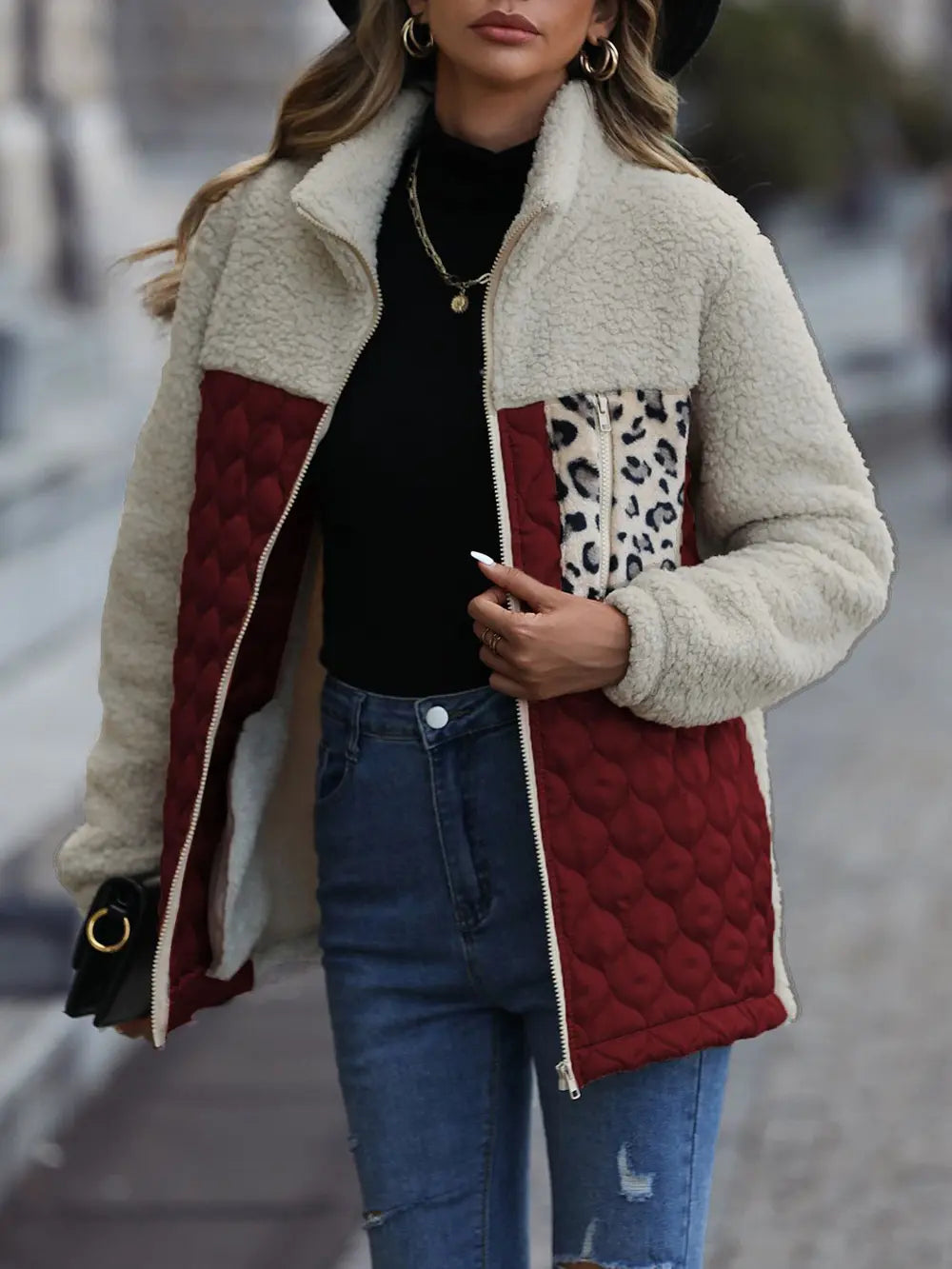 Leopard color block zip-up jacket, view 9
