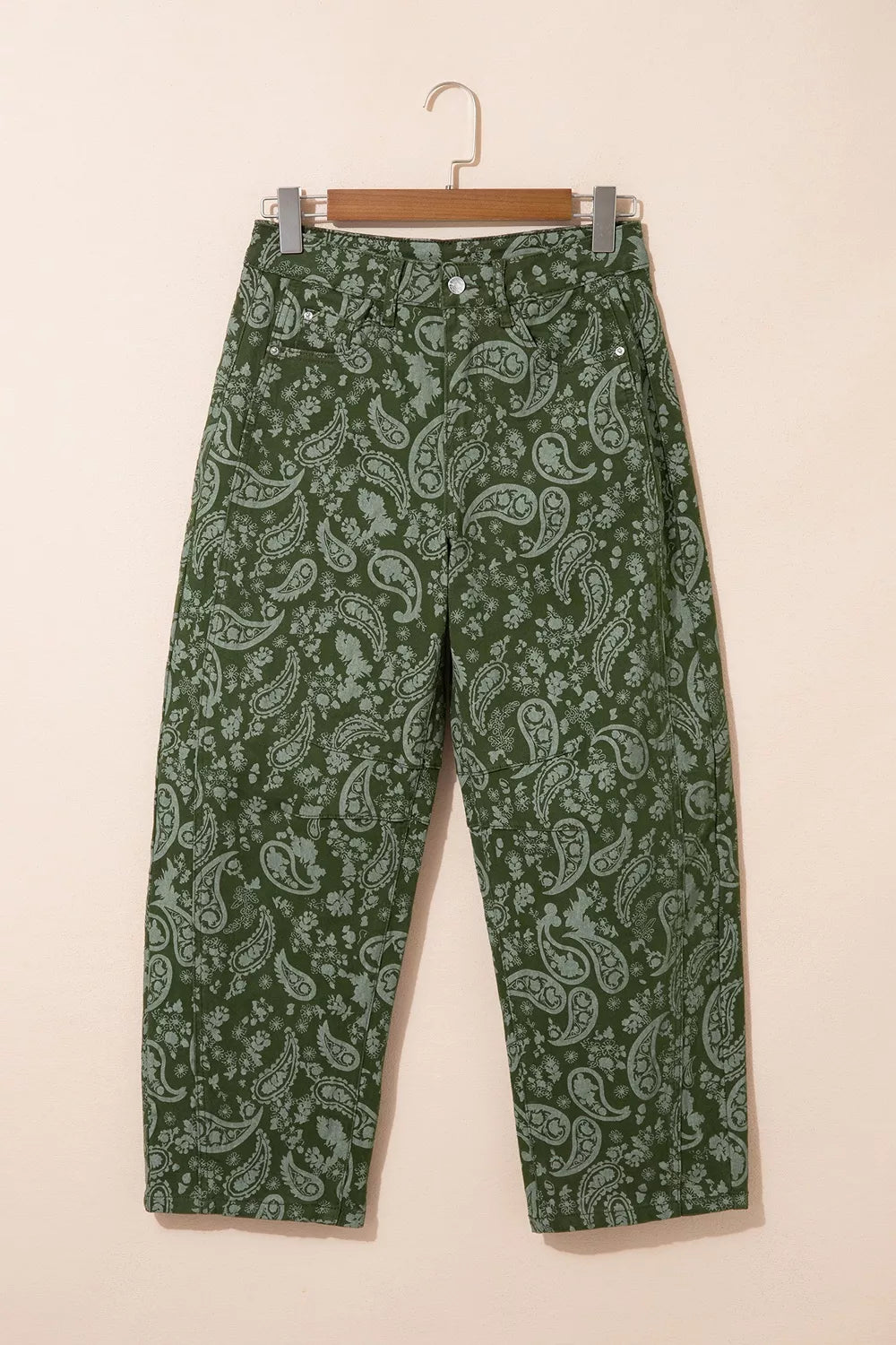 Paisley print harem denim pants from Trendsi featuring relaxed fit, stylish design, and intricate paisley patterns.