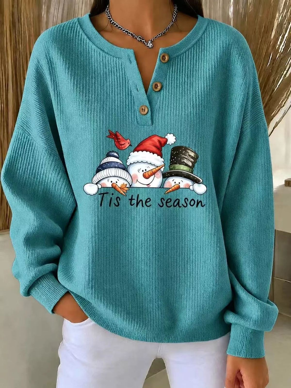 Christmas snowman graphic ribbed henley sweatshirt
