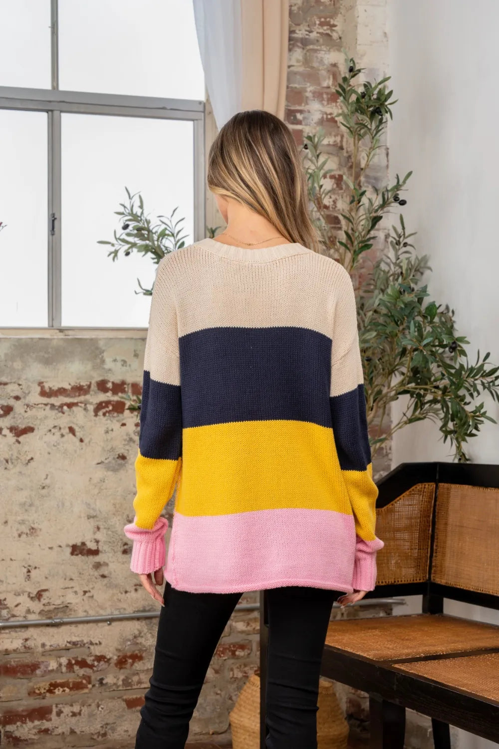 Color block Sew In Love full-size sweater with exposed seams, casual fit, featuring bold contrasting colors and a trendy style.