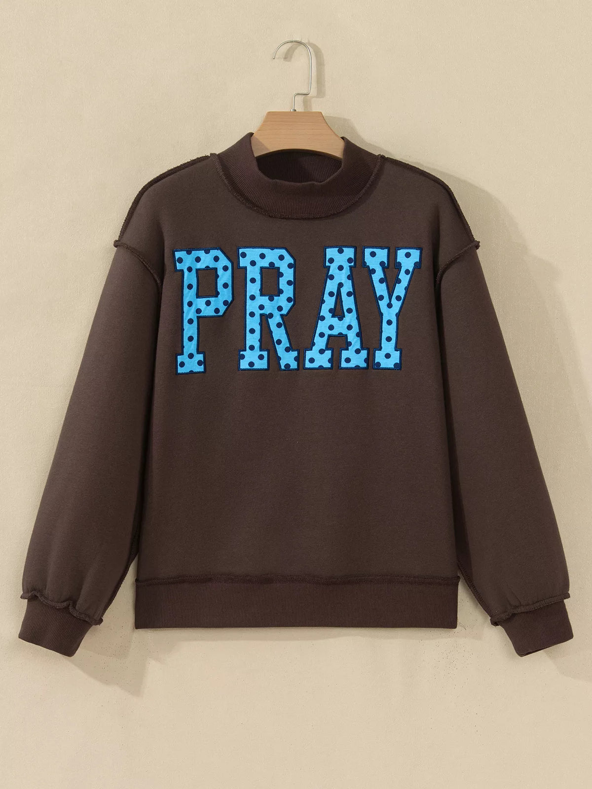 Dark brown PRAY polka dot embroidered mock neck sweatshirt, view 4
