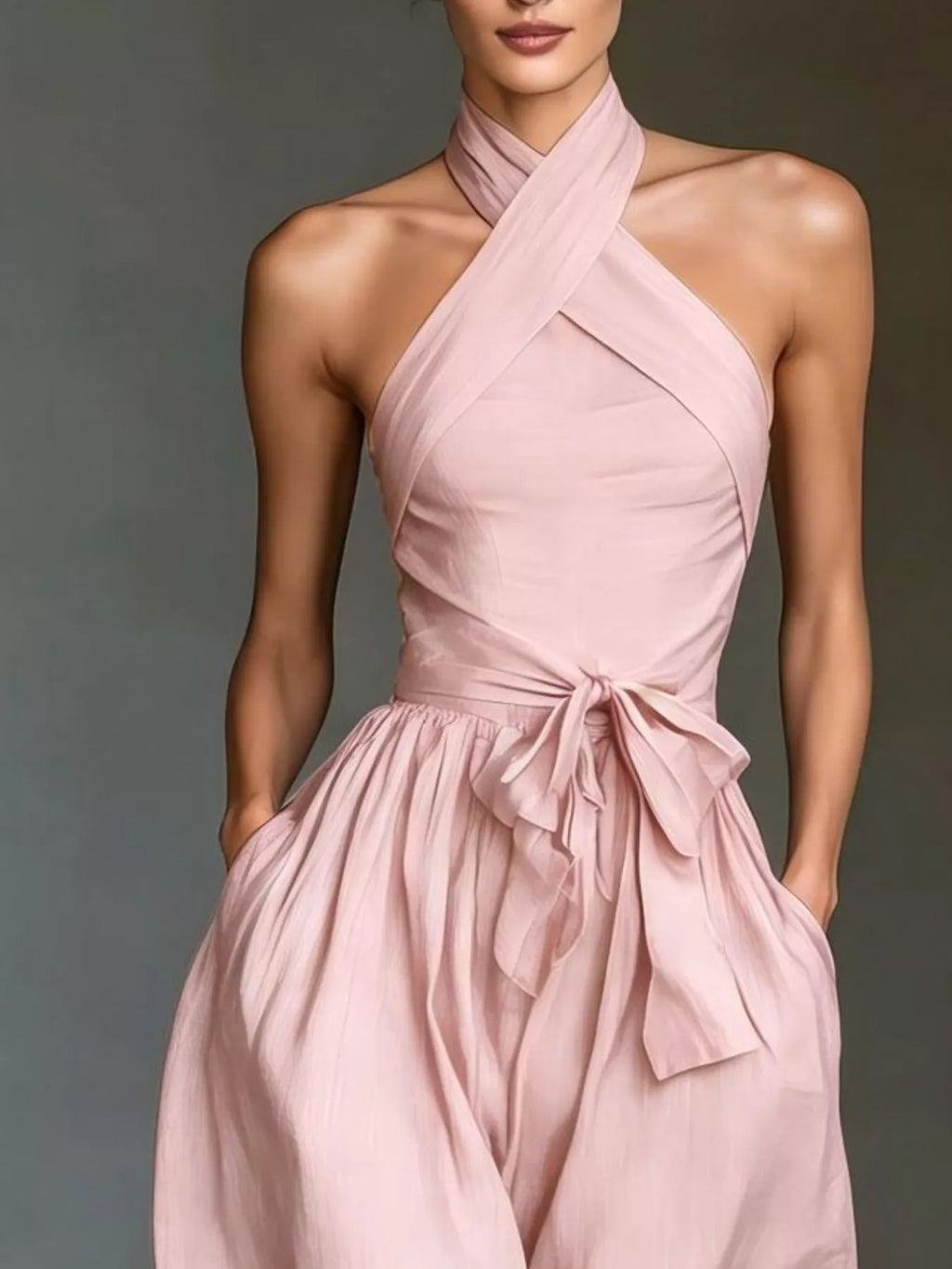Halter neck wide-leg jumpsuit with waist-tie, black trendy women's jumpsuit with stylish design and relaxed fit.