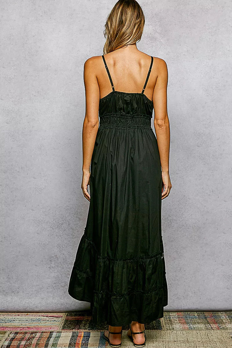Trendsi POL embroidered detail tassel tie smocked waist midi tiered cami dress with embroidery and tassel accents, displayed on a model.