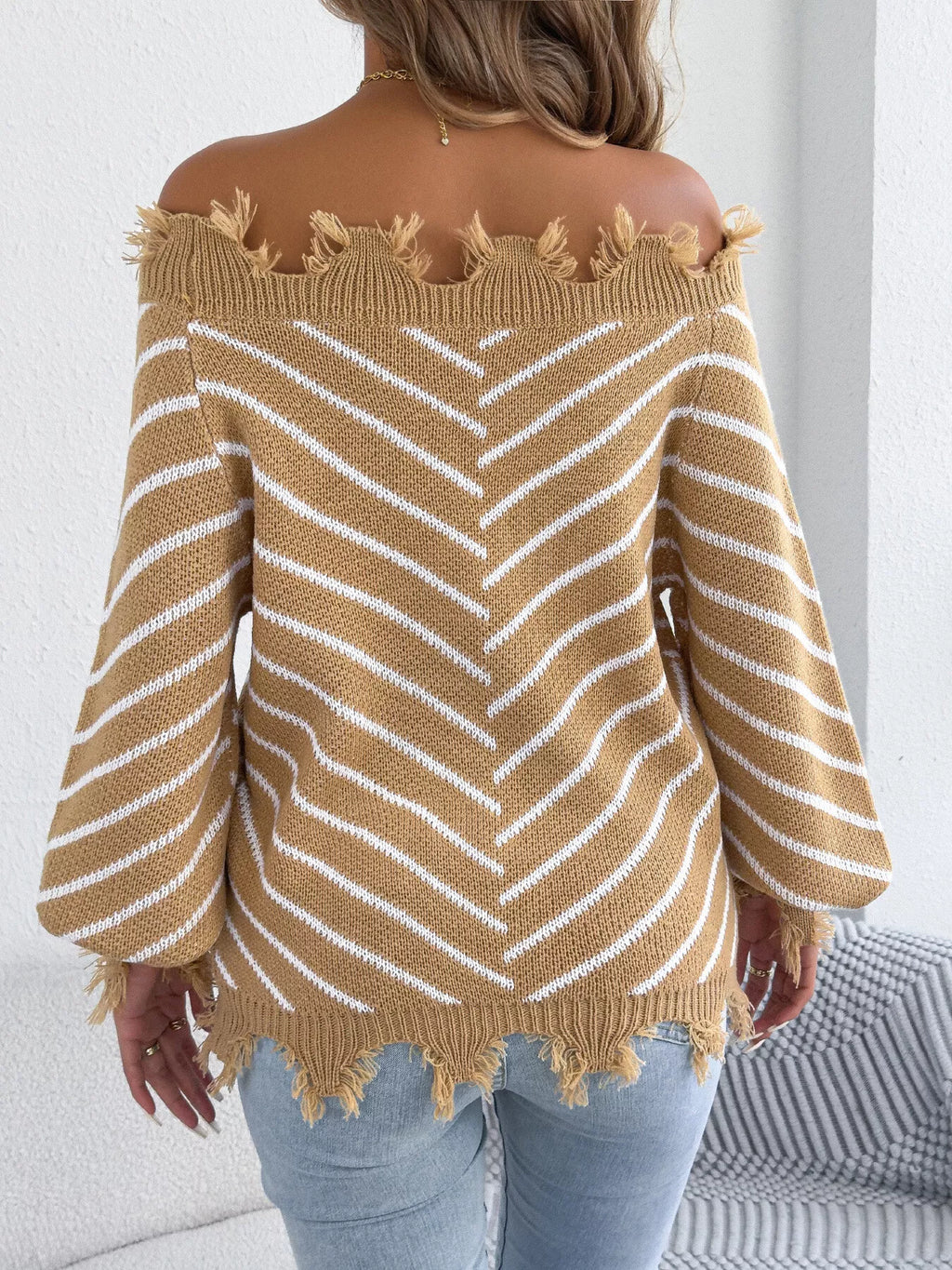 Off-shoulder distressed striped sweater, view 12