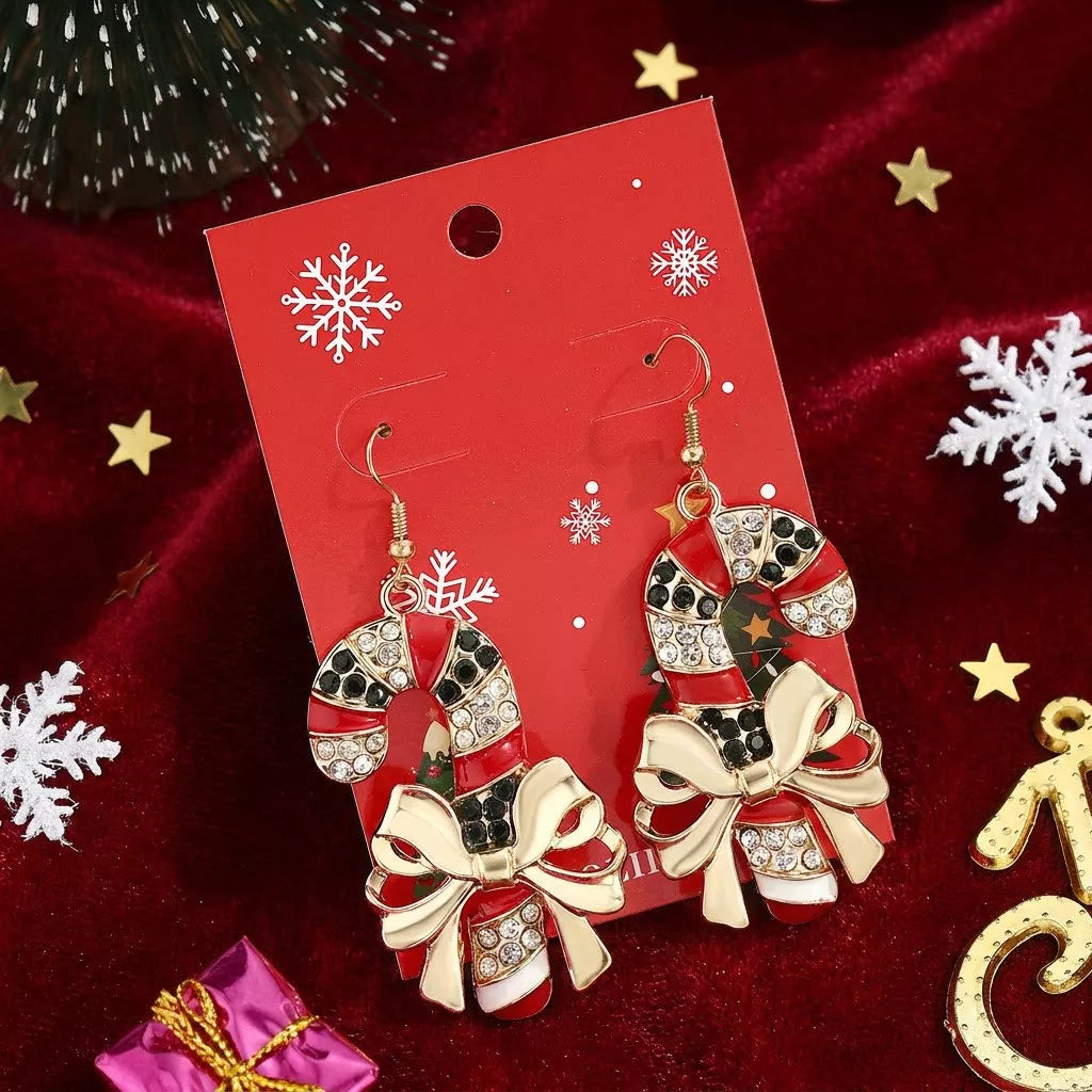 Red Christmas candy cane earrings with zircon, view 3