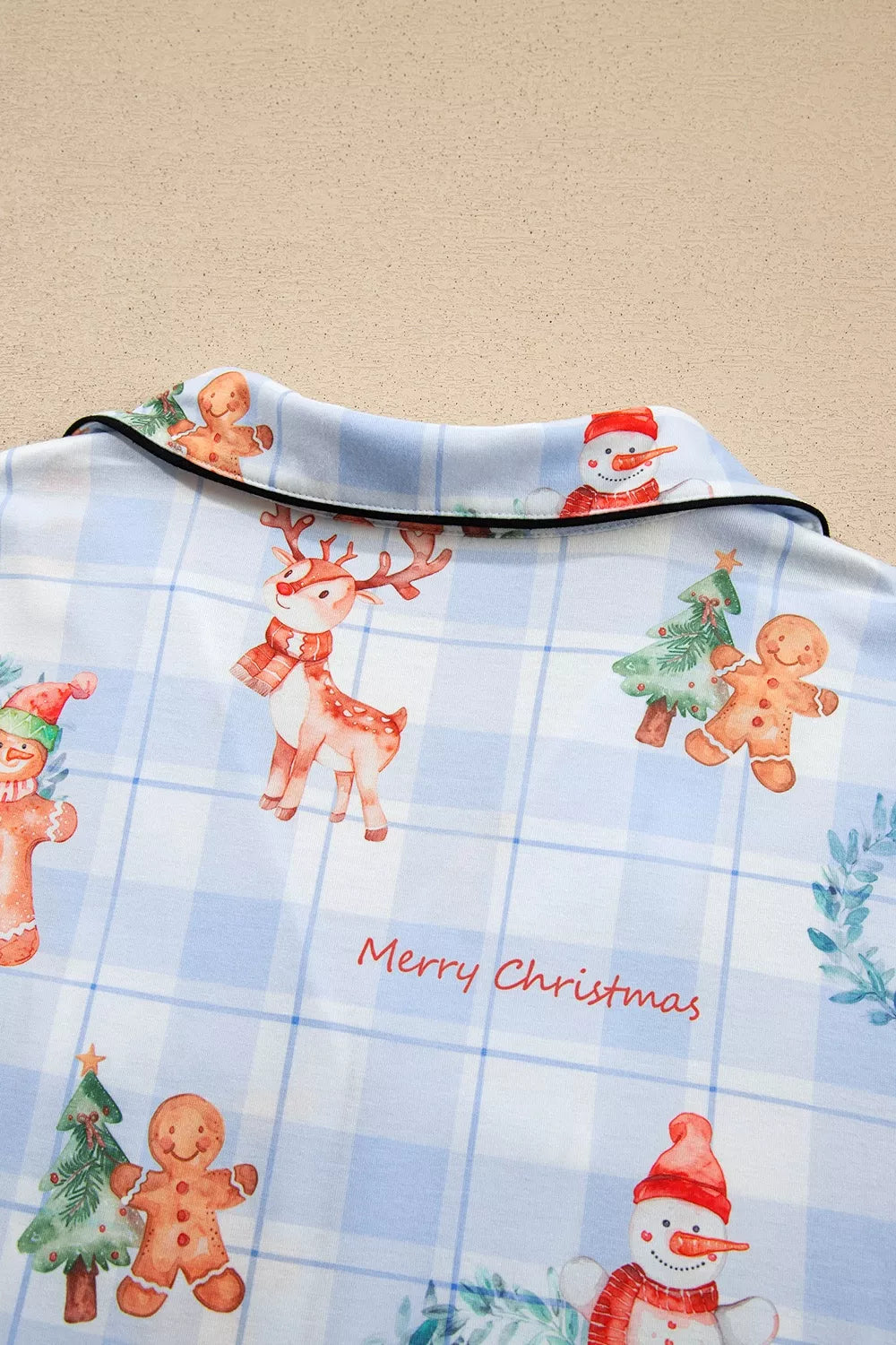 Light blue plaid cartoon Christmas pajama set with button-up top, view 5