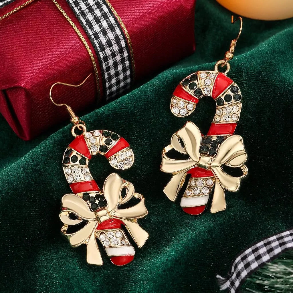 Red Christmas candy cane earrings with zircon