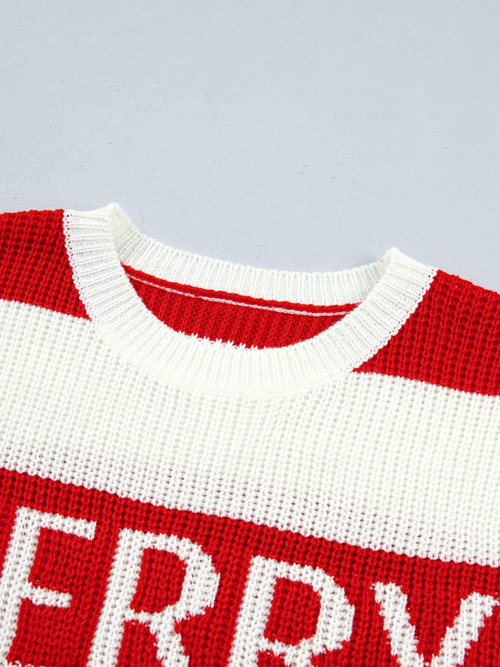 Scarlet striped MERRY Christmas sweater with drop shoulders, view 11