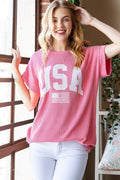 Heimish full size USA graphic short sleeve ribbed top, trendy casual T-shirt with patriotic USA print, worn by a model.