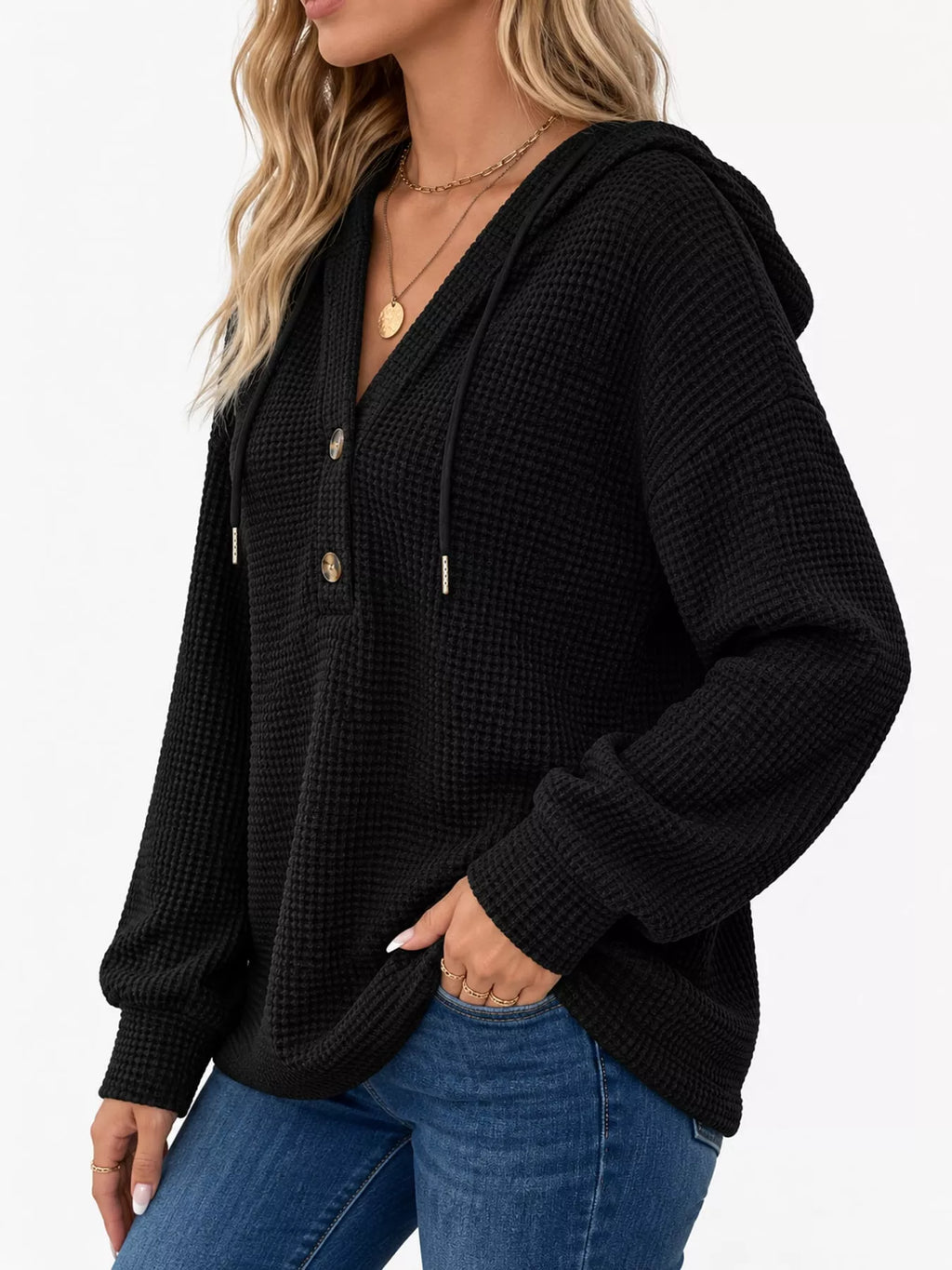 Plus size waffle knit half-button drawstring hoodie, view 28