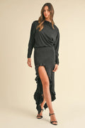 Backless asymmetric ruffle hem dress by Trendsi featuring a stylish design with flowing fabric and elegant drape.