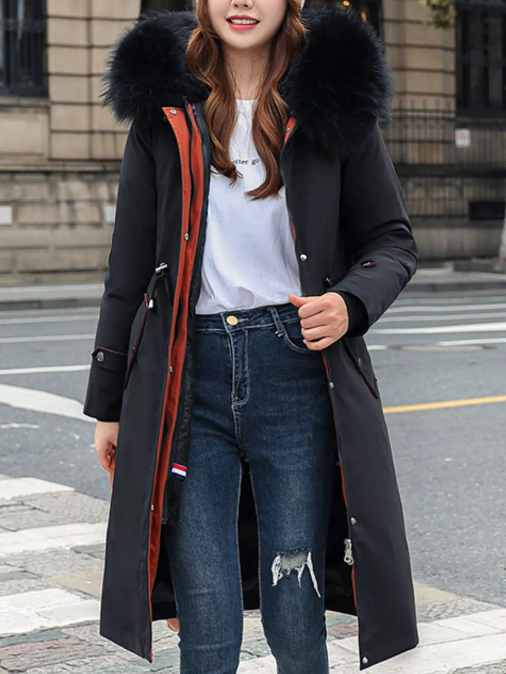 Longline hooded parka with faux fur trim and drawstring waist, view 10
