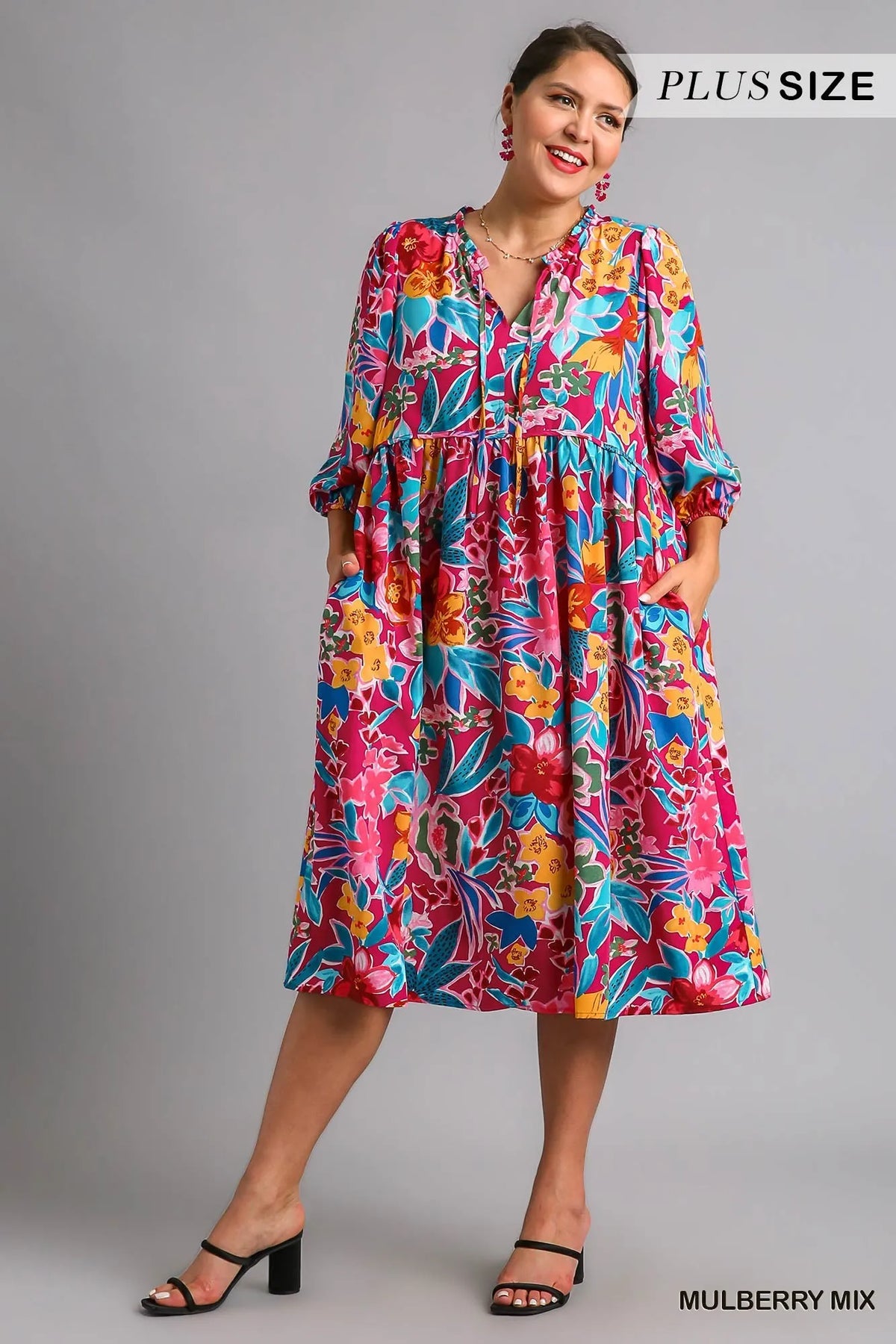Plus size Umgee floral print tie neck midi dress with pockets, featuring a full size fit and stylish design.