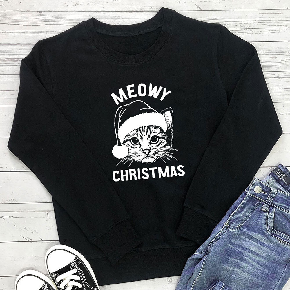 Women's Cat & Letter-Print Loose Crewneck Sweatshirt