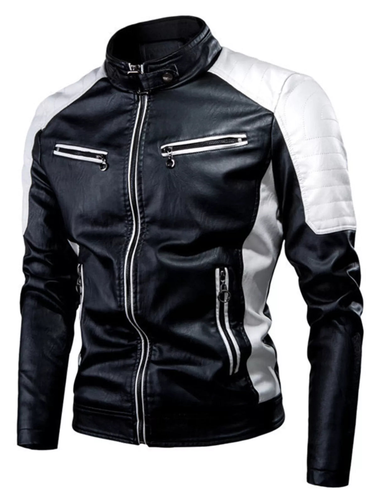 Men's two-tone faux leather motorcycle jacket, view 2