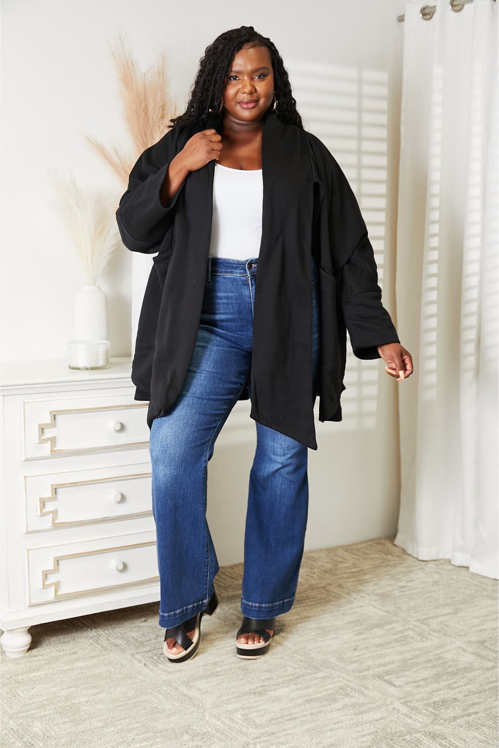 HEYSON full size open front cardigan with scarf design, featuring soft fabric and stylish, cozy fit for casual wear