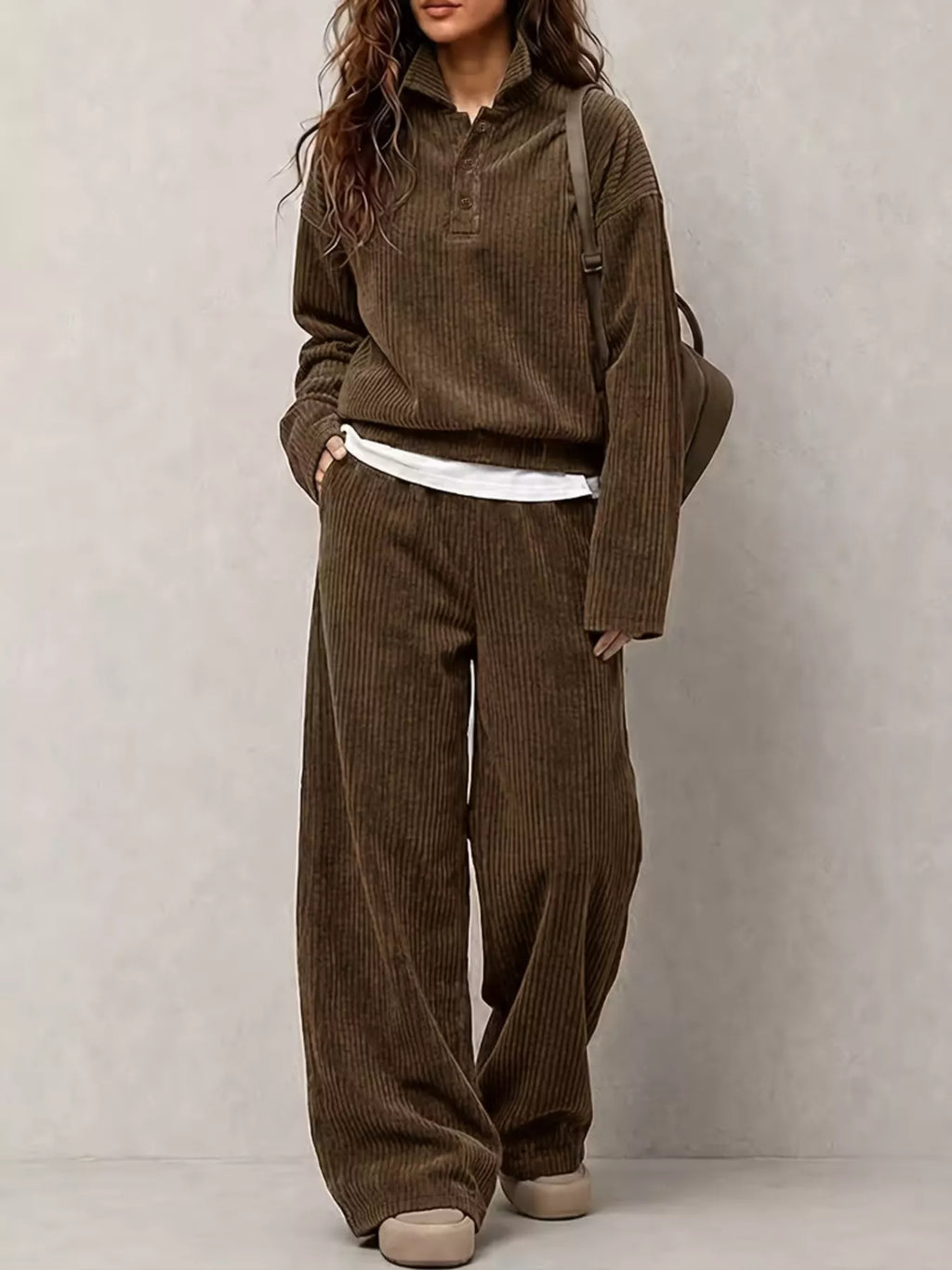 Corduroy button detail top and wide-leg pants set, view 2