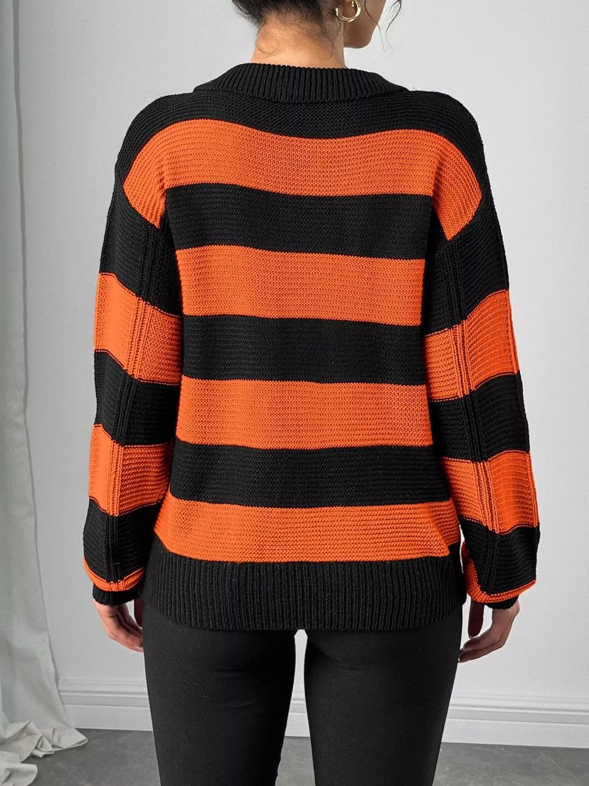 Striped polo collar sweater with floral pocket detail, view 8